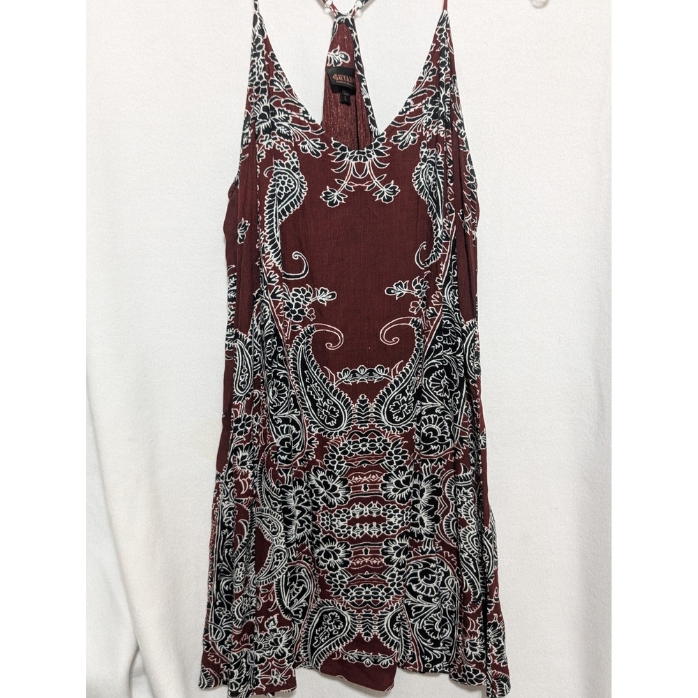 Shyanne Women Burgundy Paisley Racerback Mini Dress Large Boho Sleeveless